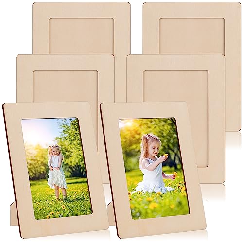 Wooden Picture Frames for Crafts, 6 Pack Unfinished Wood Picture Frames, 4 x 6 Wood Photo Frames Display Craft Picture Frames Set for Wall Mounting