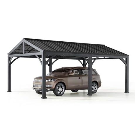 Sunjoy Carport 14 ft. x 20 ft. Outdoor Gazebo Heavy Duty Garage Car Shelter with Brown Powder-Coated Steel Roof/Black Frame and 2 Ceiling Hooks by Sunjoy