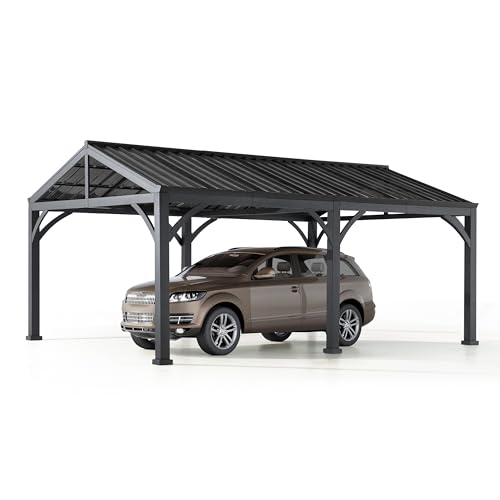 Sunjoy Carport 14 ft. x 20 ft. Outdoor Gazebo Heavy Duty Garage Car Shelter with Brown Powder-Coated Steel Roof/Black Frame and 2 Ceiling Hooks by - WoodArtSupply