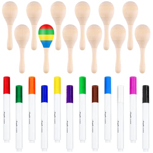 Morcheiong 12Pcs DIY Mini Wooden Maracas for Kids with 12Pcs Acrylic Paint Pens Morcheiong