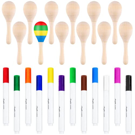 Morcheiong 12Pcs DIY Mini Wooden Maracas for Kids with 12Pcs Acrylic Paint Pens Morcheiong