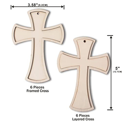 Unfinished Wood Cross (12 Pack) Wood Cutouts Shaped Cross for DIY Crafts with Jute and Silver String…