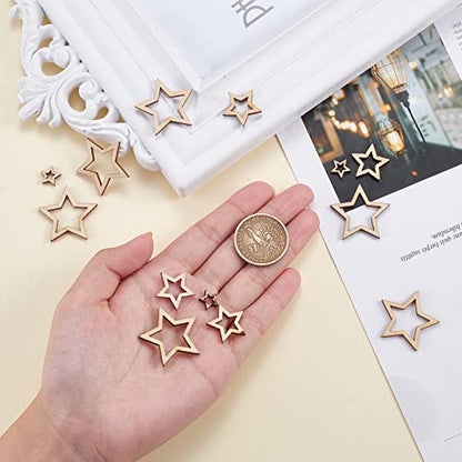 KitBeads 100pcs Random Hollow Star Shape Unfinished Wooden Embellishment Pieces Mixed Sizes Wood Star Cutouts Laser Cut Star Ornaments for Crafts