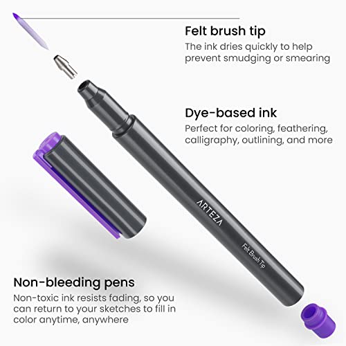 ARTEZA Felt Tip Pens, Set of 12 Bright Brush Tip Calligraphy Pens for Note Taking, Sketching, Cross-Hatching, and Outlining, Dye-Based Ink, ARTEZA