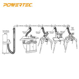 POWERTEC 70304 2-1/2” Dust Collection Fittings Network w/Reducer, Blast Gates, Pipes, 90-Degree Elbow Connector, Y-fittings, Mounting Brackets POWERTEC