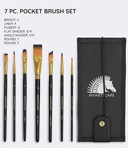 MyArtscape Pocket Paint Brush Set - 7 Artists' Paintbrushes for Watercolor, Acrylic and Oil Painting - Set 1 - Quality Art Supplies - WoodArtSupply