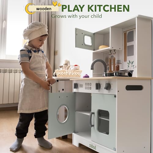 ROBOTIME Play Kitchen Set for Kids Toddlers, Wooden Kids Play Kitchen Playset with Real Lights & Sounds, Pretend Toddler Kitchen Gift for Girls Boys ROBOTIME