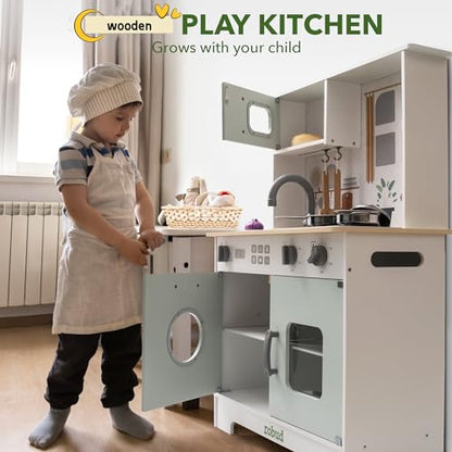 ROBOTIME Play Kitchen Set for Kids Toddlers, Wooden Kids Play Kitchen Playset with Real Lights & Sounds, Pretend Toddler Kitchen Gift for Girls Boys
