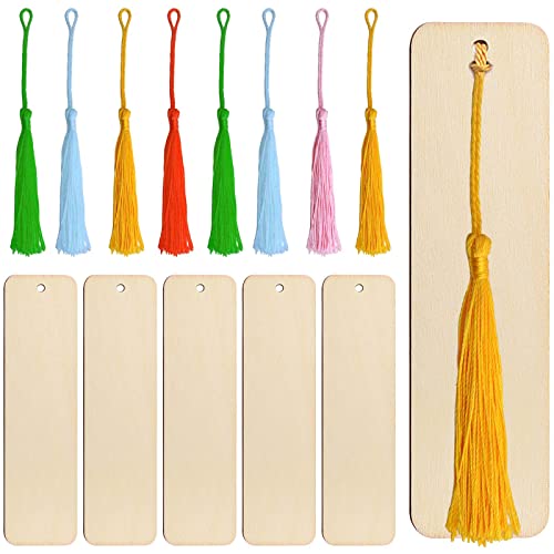 20pcs Natural Unfinished Wood Bookmarks Blank Template Wooden Bookmarks with 20pcs Colorful Tassels Ornaments for DIY Earring Keychain Crafts Jewelry - WoodArtSupply