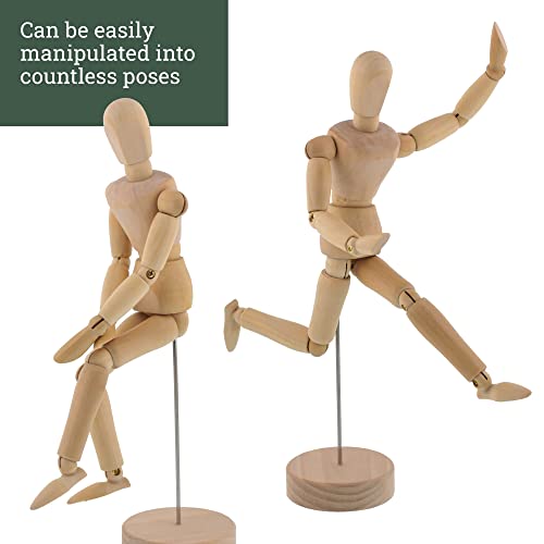 US Art Supply® Wood 12" Artist Drawing Manikin Articulated Mannequin with Base and Flexible Body - Perfect for Drawing The Human Figure (12" Pair -