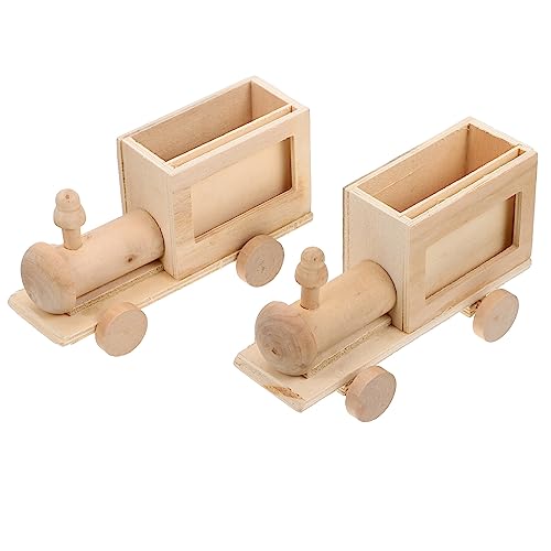 Toyvian 2pcs DIY Train Pen Holder Kids Painting Wood Kit DIY Wood Ornaments Small Unfinished Wood Basket Blank Wood Car Unfinished Wood Dolls