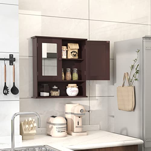 TaoHFE Brown Wall-Mounted Medicine Cabinet with Mirror and Open Shelves TaoHFE
