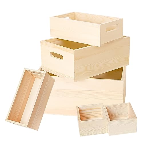 Voittozege 6 Packs Unfinished Wooden Box 5 Sizes Natural Wooden Box Wooden Storage Decorative Box Rustic Handles Wooden Box Nesting Treasure Boxes - WoodArtSupply