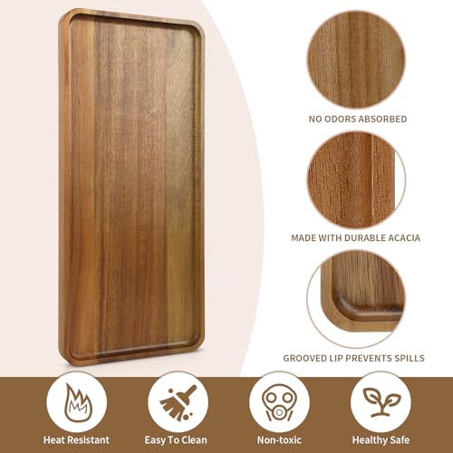 2 PCS Solid Acacia Wood Serving Trays Rectangular Wooden Serving Platters Natural Wooden Boards for Bar Coffee Party 15.7 * 7.08 inch