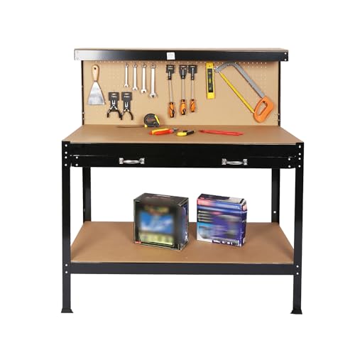 55-Inch Workbench, Garage Workbench with Storage, 300lbs Weight, Heavy Duty Workbench with 2 Drawer for Commercial, Home, Garage or Office (55