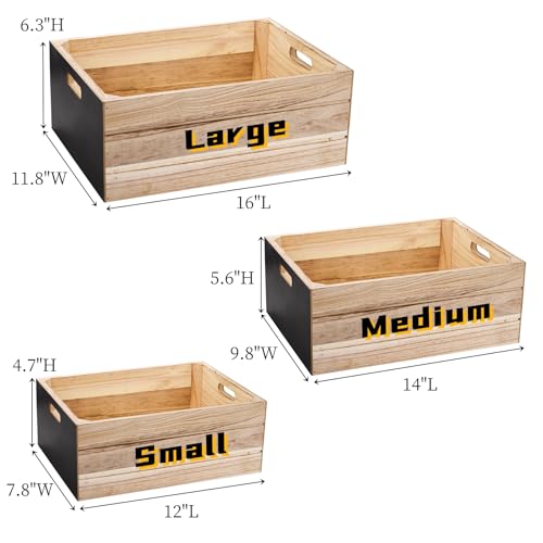 Lyellfe Set of 3 Wood Crates, Rustic Nesting Wooden Crates Unfinished for Display, Milk Organizer Storage Box with Chalkboard Handle, Natural Solid - WoodArtSupply