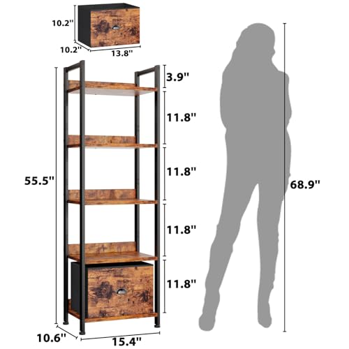 Furologee Rustic Brown 5-Tier Narrow Bookshelf with Drawer – Industrial Wood and Metal Storage Organizer Furologee