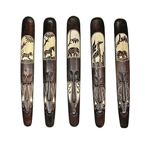 Set of 5 Hand Carved Brown Wood African Style Decorative Tribal Masks Wall Decor 39 Inches High Zeckos