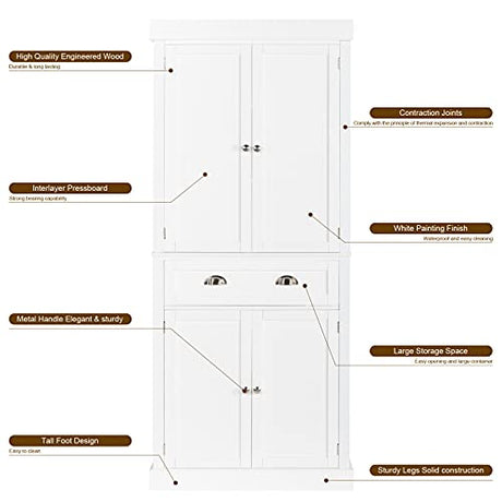 VINGLI 72-Inch White Storage Cabinets with Drawers, Freestanding Pantry Cabinets with Doors and Shelves Adjustable, Wood Farmhouse Kitchen Pantry VINGLI