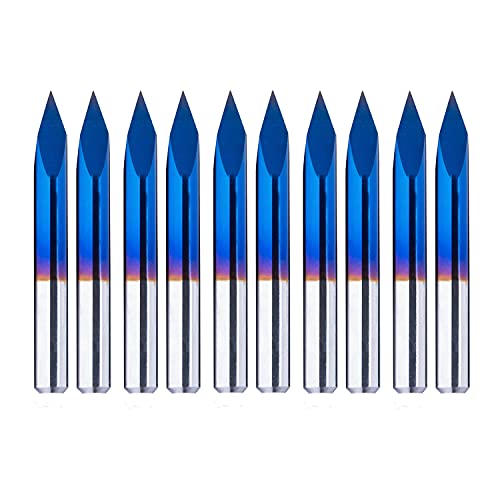 10pcs Triangular CNC Router Bits V-Bit, 30 Degree 0.1mm Engraving Bits, 1/8” Shank Nano Blue Coating Sharp Pyramid Bits for Acrylic Wood MDF Aluminum