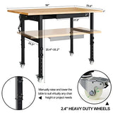 59" Bamboo Wood Garage Workbench w/Power Outlets & Drawer,Adjustable Height 25.4"-35.2",Multifunctional Workstation on Wheels 2000 Lbs Commercial RELIANCER