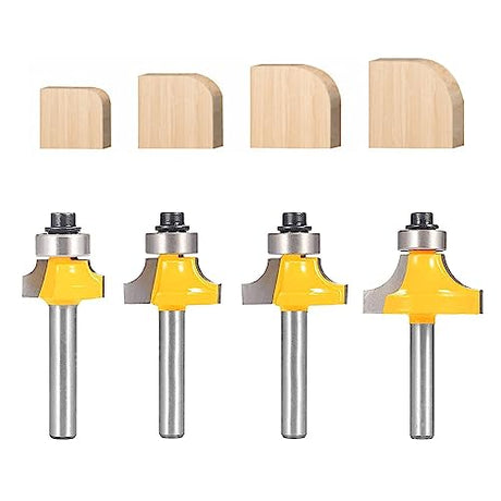 TOTOWOOD Roundover Router Bit Set，4pcs Router bit Set，1/4 inch Shank，Radius in 1/8", 1/4", 3/16", 5/16"，Bearing Guide for Rounding Edge bit Totowood
