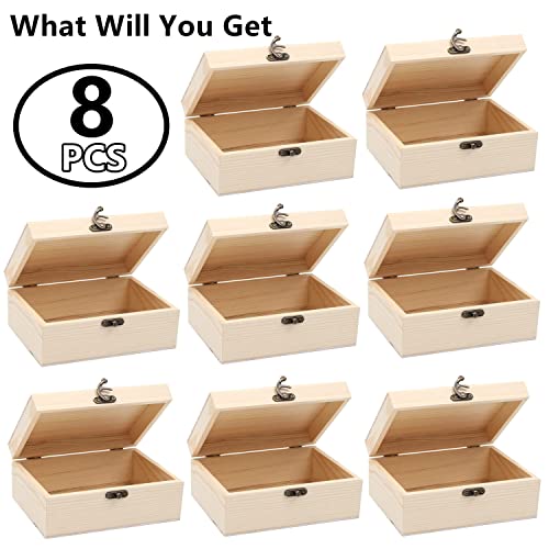 RHBLME 8 Pack Unfinished Wooden Boxes for Crafts, 8 x 4 x 2 Inch Wooden Box with Hinged Lid and Front Clasps, Unpainted Wooden Box for Crafts DIY RHBLME