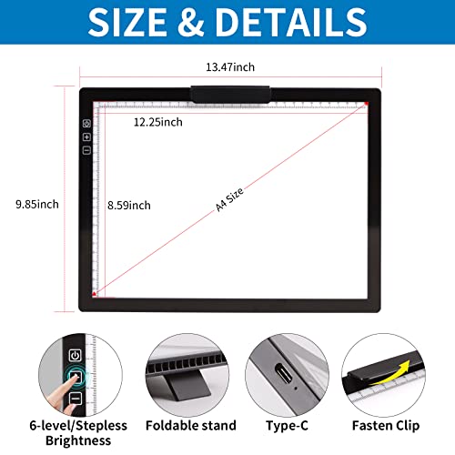 Rechargeable A4 Light Pad with Innovative Stand and Top Clip, Elice Wireless Bright Light Tracing Board Portable LED Artcraft Tracer Box for Artists,