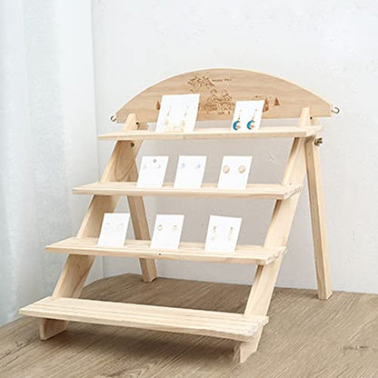 4-Tier Wooden Jewelry Display Rack Wood Earring Display Stand Retail Jewelry Card Display Stand with Groove and 50 Earring Cards Portable Earring