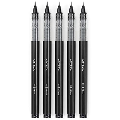 ARTEZA Micro-Line Ink Pens, Set of 5, Black Fineliners with Japanese Archival Ink, Art Supplies for Comic Artists and Illustrators, Calligraphy,