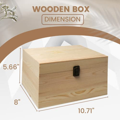(1-Pack) 10.8x7x8x5.7-Inch Large Unfinished Wooden Box with Hinged Lid & Front Clasp for DIY Art Project Crafts Woodcraft Keepsake - Easy to Stain