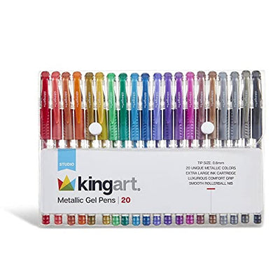 KINGART 400-20 Metallic Rollerball Gel Pens, Set of 20 Shiny Colors with Soft-Grip Comfort, XL Ink Cartridge - Ink, Great for All Ages, Writing,