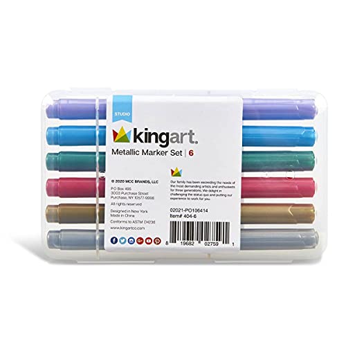 KINGART 6 Pc. Metallic Marker Set, Medium Tip, Set of 6 Brilliant Metallic Colors with Travel Storage Case KINGART