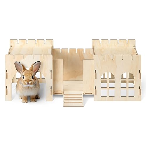 Navaris Rabbit Castle - Wooden Hideaway Playhouse for Pet Bunny - MDF & Pine Wood Rabbit Toy House - Bunny Hideout Fort - 27.2" x 9.4" x 10" Navaris