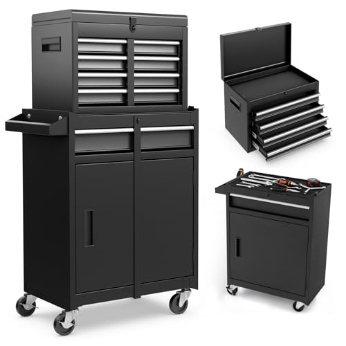 ERGOMASTER Rolling Tool Chest - Heavy Duty Material & Lockable Top-Box & Storage Cabinet for Garage and Workshop - 5-Drawer Tool Box & Black - WoodArtSupply