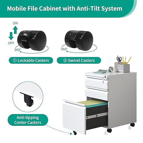 VIYET 3 Drawers Mobile File Cabinet, Rolling File Cabinet Fully Assembled Under Desk, Metal Filing Cabinet with Lock for Home Office Organizer