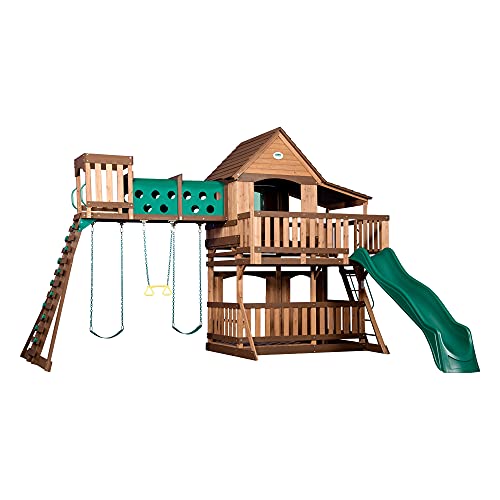 Backyard Discovery Woodridge Elite All Cedar Wood Swing Set, Upper and Lower Deck, Sandbox, Vented Tunnel, Rock Climbing Wall, Coated Rope Belted Backyard Discovery