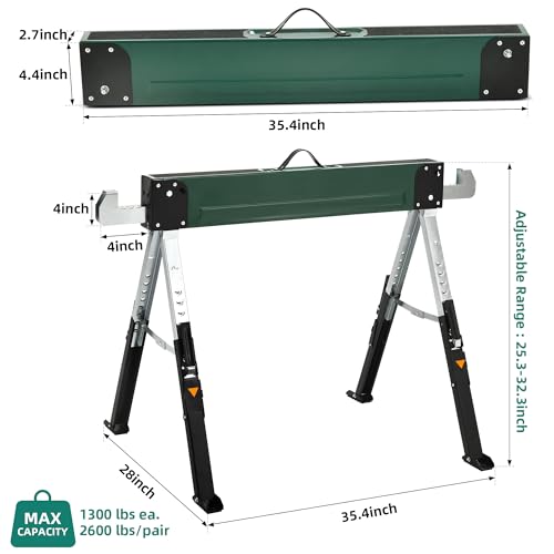 YITAHOME Saw Horses 2 Pack Folding, 8 Speed Adjustable Legs Sawhorse Stand, 4 x 4 Metal Top, Heavy Duty Pro Bench for Woodworking, Carpenters, YITAHOME