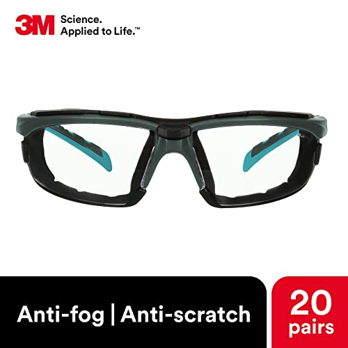 3M Safety Glasses, Solus 2000 Series, ANSI Z87, Scotchgard Anti-Fog Anti-Scratch, Clear Lens, Gray/Teal Frame, Removable Foam Gasket 3M