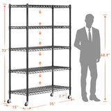 REIBII 73''H Storage Shelves 1780LBS Wire Shelving Unit with Wheels 5 Tier Metal Shelving,Heavy Duty Metal Shelves for Storage Rack,73''HX35''WX15''D REIBII