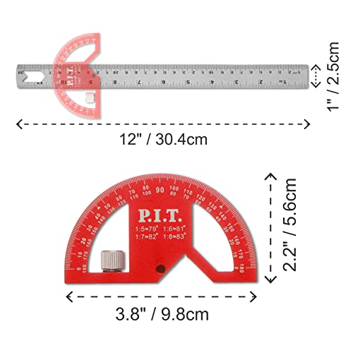 P.I.T. Angle Protractor Square 12 Inch, Adjustable Construction Protractors for Carpenters & Woodworking Hobbyists with 0-180 Degrees Measuring P.I.T.