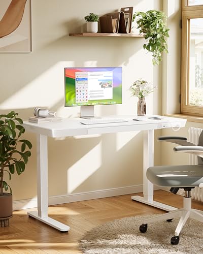 Marsail Standing Desk with Drawer, 48 x 24 inch Whole Piece Tabletop Electric Standing Desk, Height Adjustable Desk with USB Charging Ports, Sit Marsail