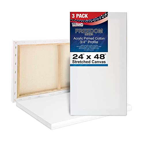 U.S. Art Supply 24 x 48 inch Stretched Canvas 12-Ounce Primed 3-Pack - Professional White Blank 3/4" Profile Heavy-Weight Gesso Acid Free Bulk Pack - - WoodArtSupply