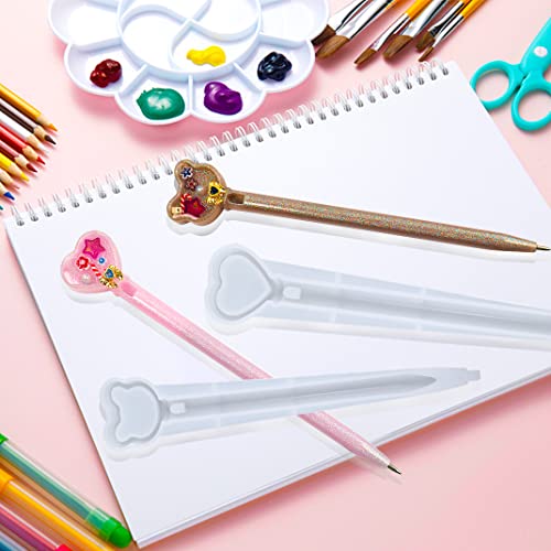 DIYBravo 6 Pcs Silicone Resin Cute Pen Molds, Star Bear Cat Bunny Moon Heart Head, UV Epoxy Resin Pen Casting Molds with 10 Black Refills for Kawaii DIYBravo