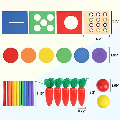 Wooden Montessori Toys Toddlers Play Kit, 4-in-1 Object Permanence Box, Coin Box, Carrot Harvest, Color Match Sticks Drop Game, Educational Learning - WoodArtSupply