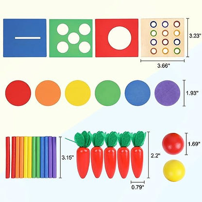 Wooden Montessori Toys Toddlers Play Kit, 4-in-1 Object Permanence Box, Coin Box, Carrot Harvest, Color Match Sticks Drop Game, Educational Learning - WoodArtSupply