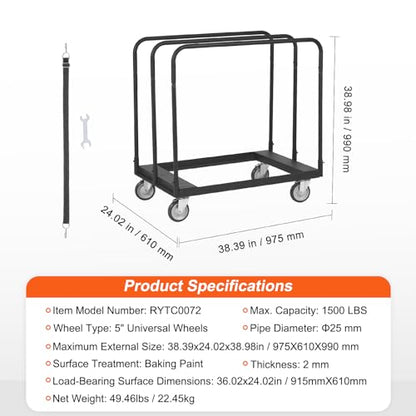 VEVOR Steel Panel Truck, 1500 LBS Panel Dolly Cart with 5" Swivel Casters and 36.02" x 24.02" Deck, Heavy-Duty Drywall Sheet Cart, Handling Wall - WoodArtSupply