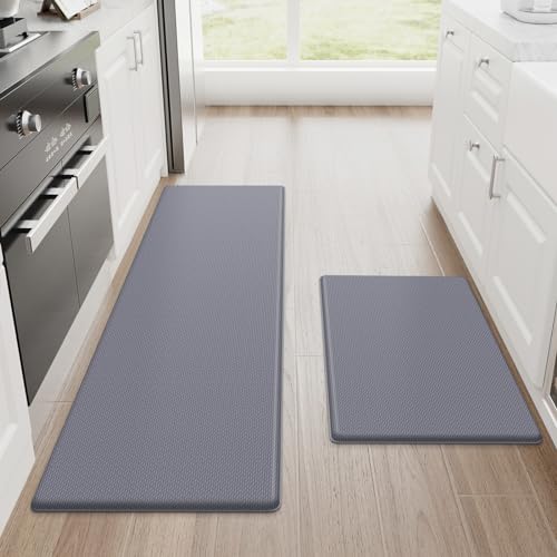 StepLively 2-Piece Anti-Fatigue Cushioned Kitchen Mat Set, Non-Skid Grey Standing Mats for Kitchen, Office, Sink - 17.3"x30" and 17.3"x47" - WoodArtSupply