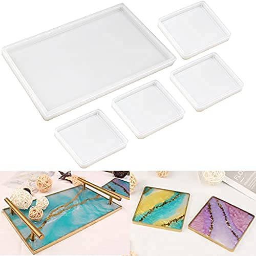 RESINWORLD Resin Tray Mold, 1Pc Thick Rectangle Tray Mold with 4 Pack Square Coaster Molds + 2 Size 14 inches XL Large Tray Silicone Molds