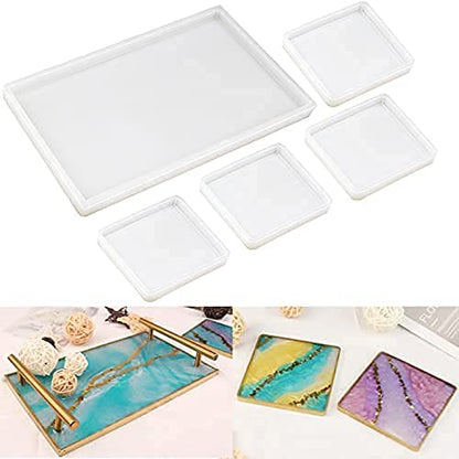RESINWORLD Resin Tray Mold, 1Pc Thick Rectangle Tray Mold with 4 Pack Square Coaster Molds + 4 Pack Resin Coaster Molds, Diamond Edge Crystal Coaster Molds for Resin Casting